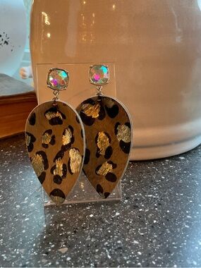 Leopard Print Teardrop Earrings with Iridescent Studs - Brown